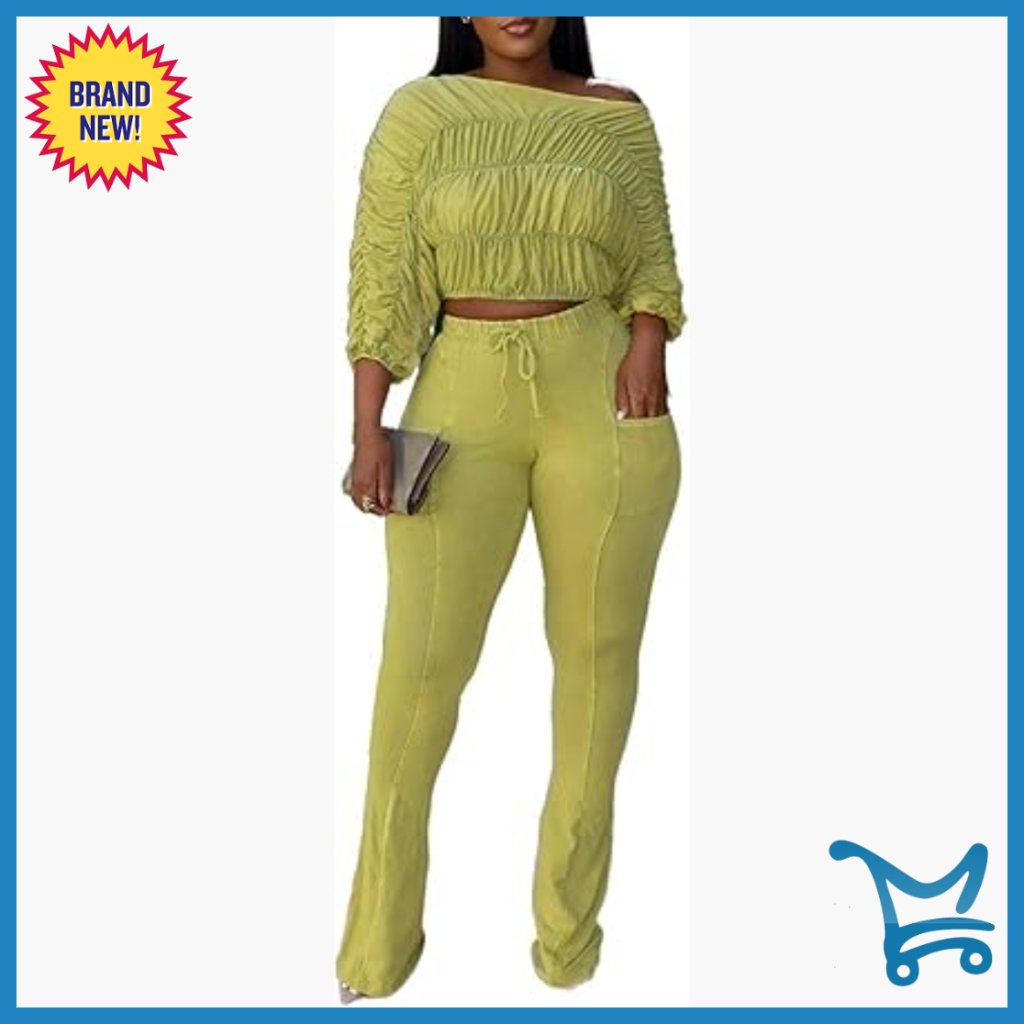 Women's 2-Piece Lounge Set With Ruched Crop Top And Flare Pants